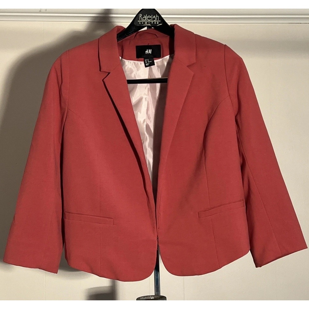 H&M Women's Cropped Blazer Sz 42 Terracotta Open‎ Front Regular Fit Faux Pockets